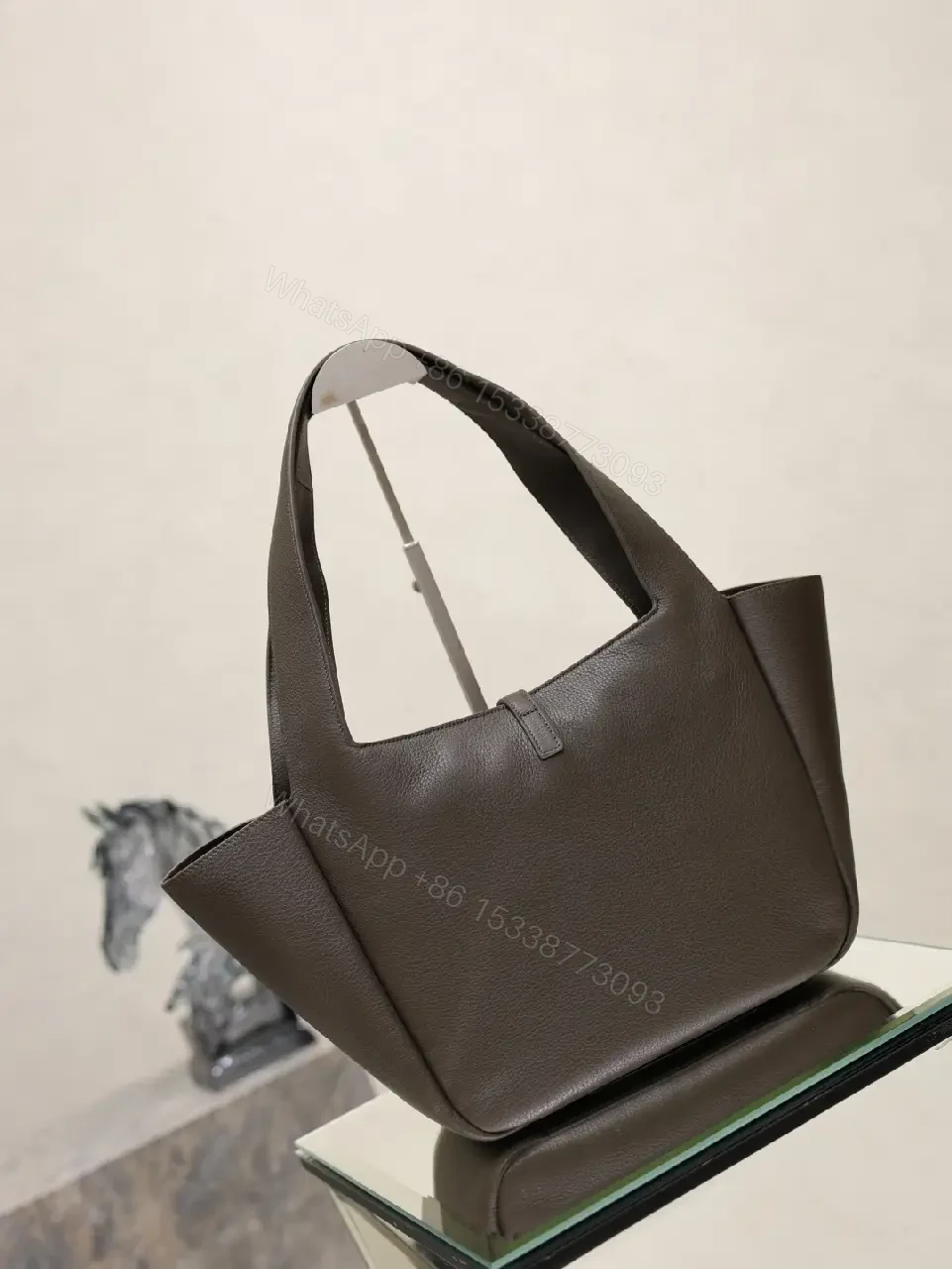 View 10 of Dark Brown/Black Pebbled Leather Tote with Gold YSL Charm