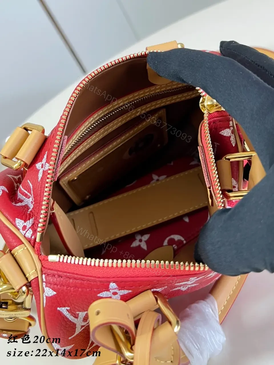View 6 of Red & Beige LV Monogram Top-Handle Bag with Gold Hardware