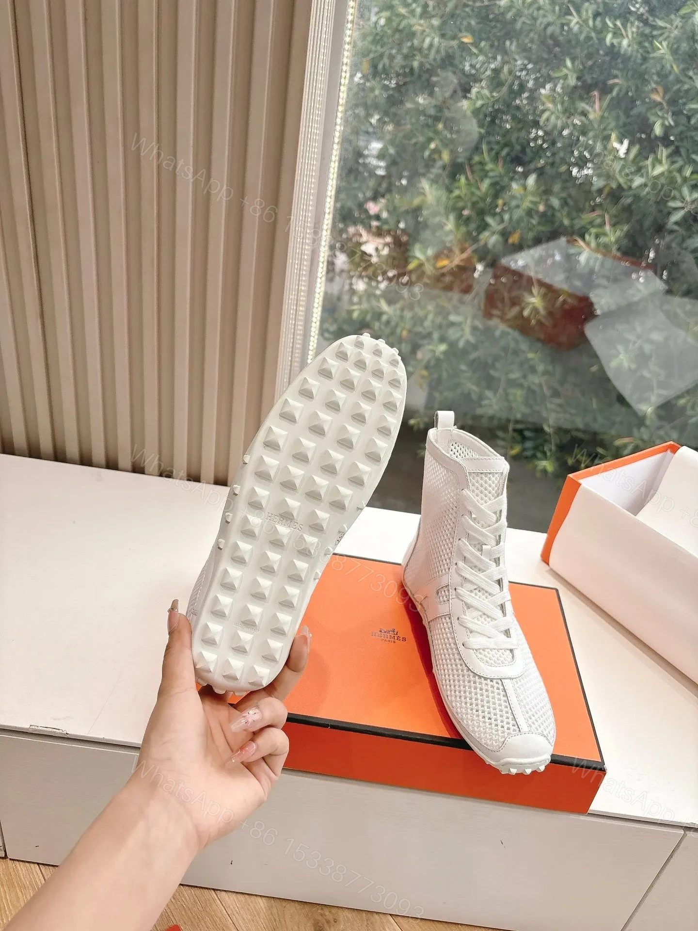 View 2 of Hermes Women White Mesh Leather Sneakers