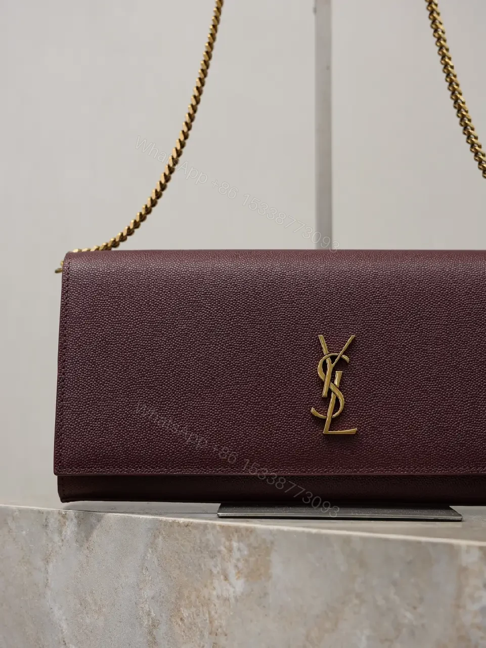 View 2 of Burgundy Leather Structured Shoulder Bag with Gold Hardware