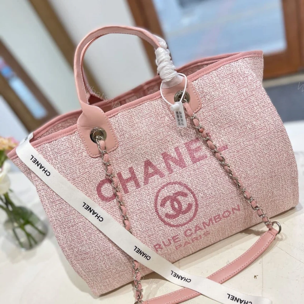 View 4 of Chanel Deauville Shopping Tote Bag Tweed Pink 37Cm