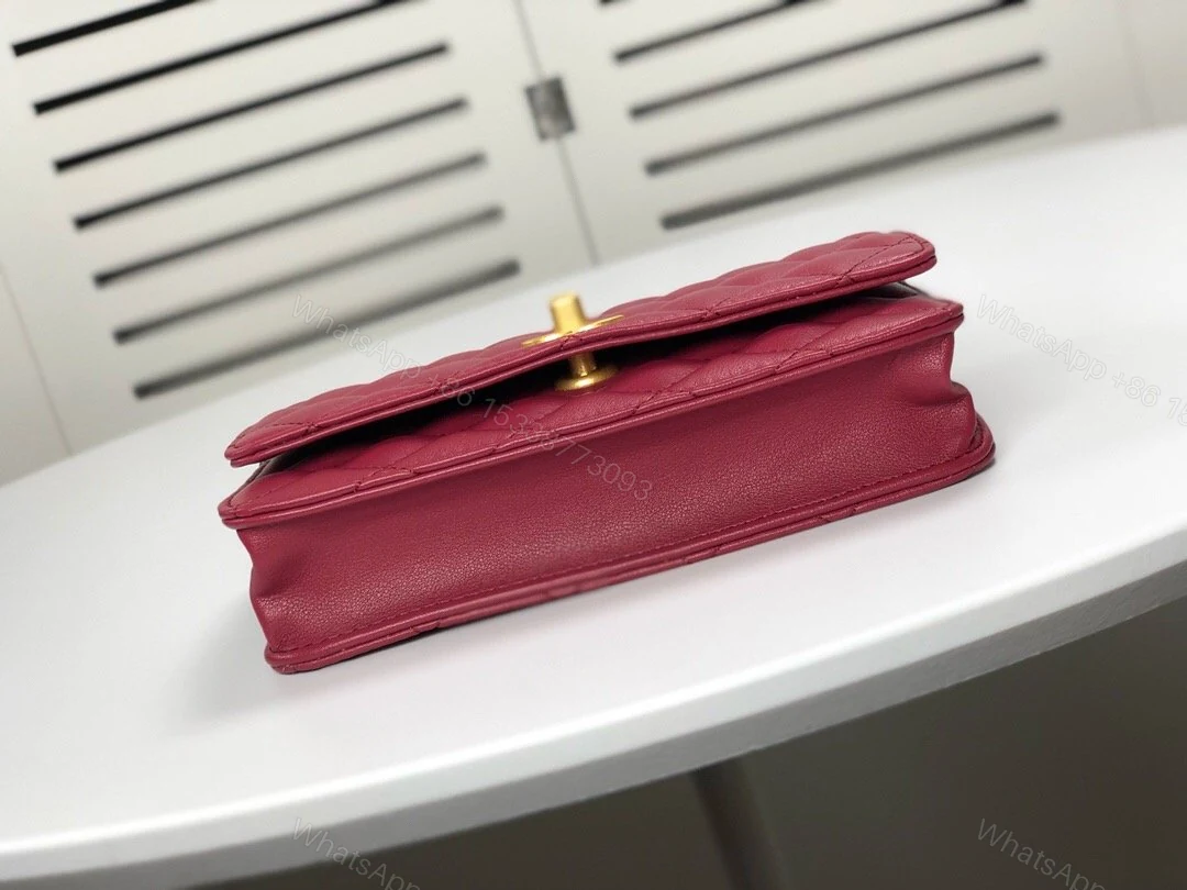 View 2 of WALLET ON CHAIN Grained Shiny Calfskin & Gold-Tone Metal Dark Burgundy