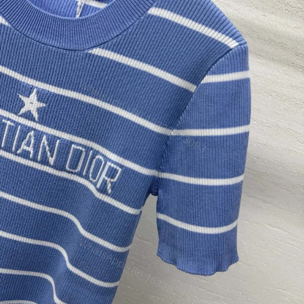 View 4 of Blue Stripes Knit Tee - Elevated Casual Luxury Knit Top
