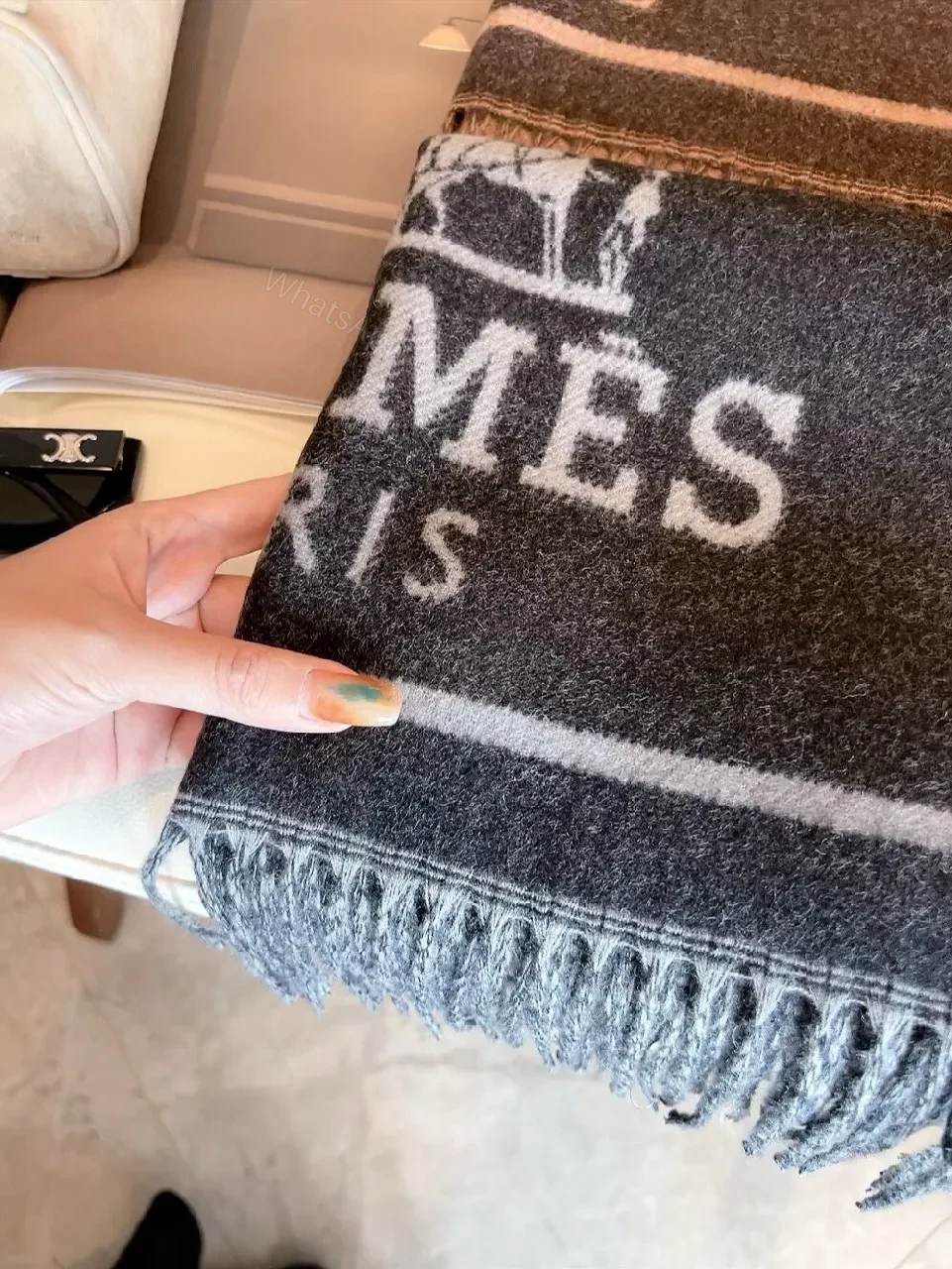 View 2 of Two-Tone Hermes-Inspired Knit Throw Blanket with Fringe