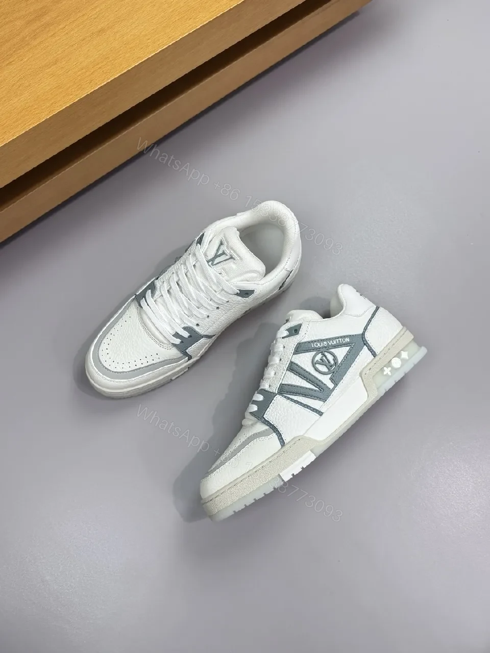 View 6 of White Leather Sneaker with Subtle LV-Inspired Accents
