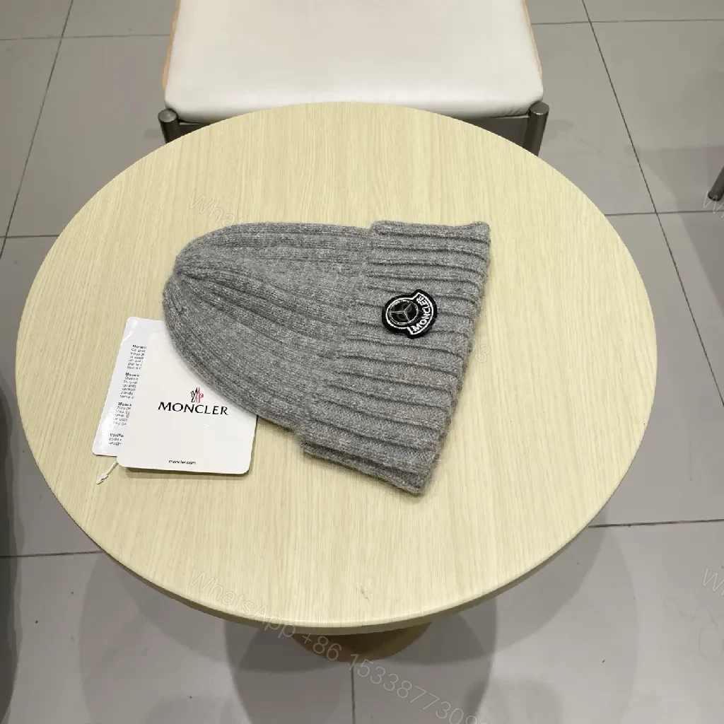 View 9 of Grey Knit Beanie - Premium Ribbed Style, Moncler Badge Feature