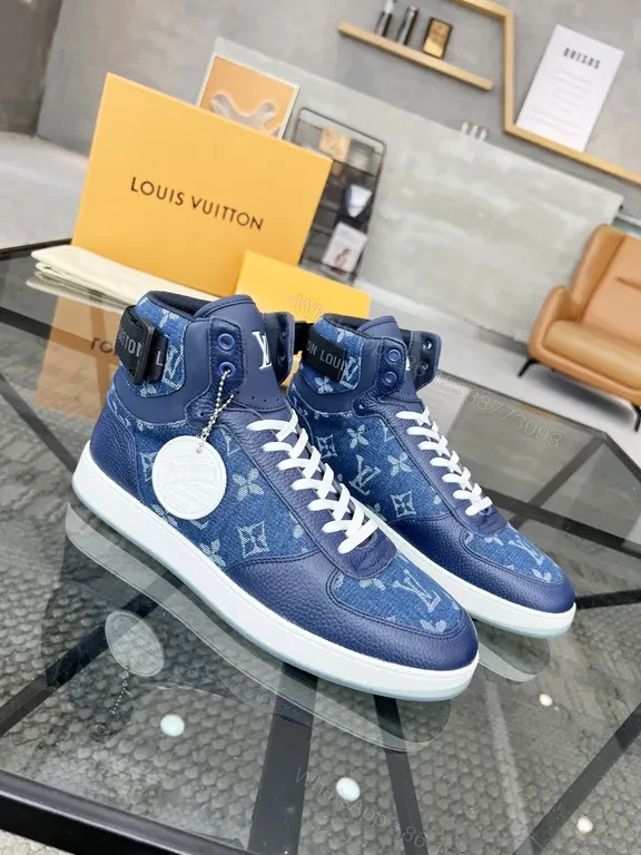 View 4 of Blue Denim High-Top Sneakers with Imitation LV Logo
