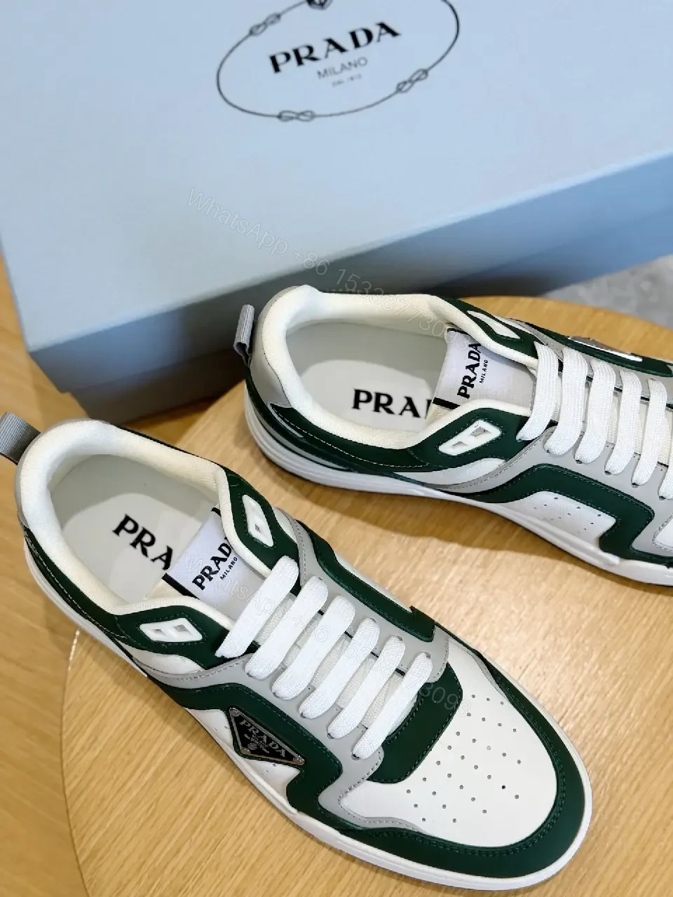 View 4 of Green Leather Runner Sneaker with White Laces Prada Style Sneakers