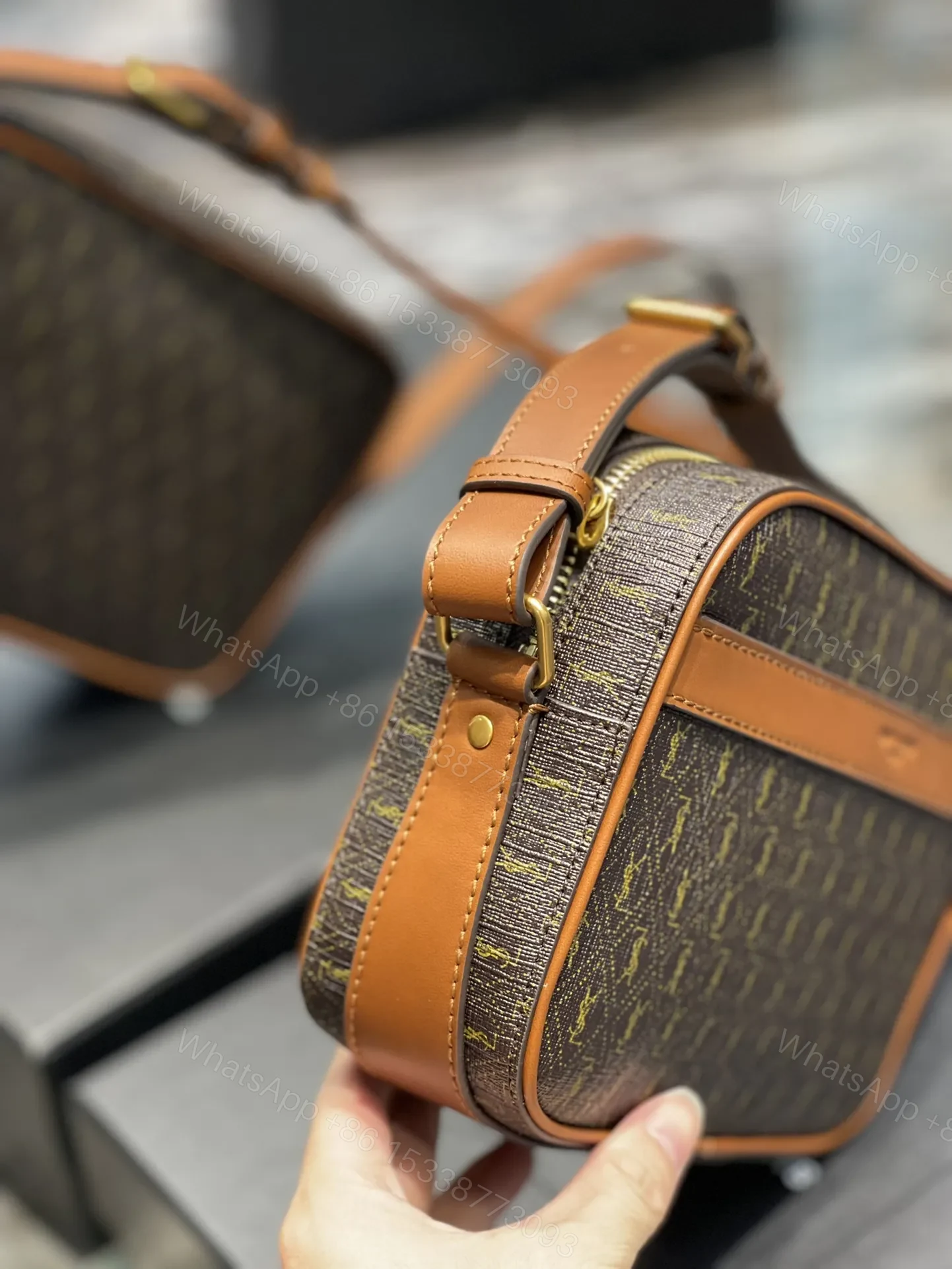 View 3 of Saint Laurent Canvas Smooth Calfskin Le Monogramme Camera Bag Chestnut