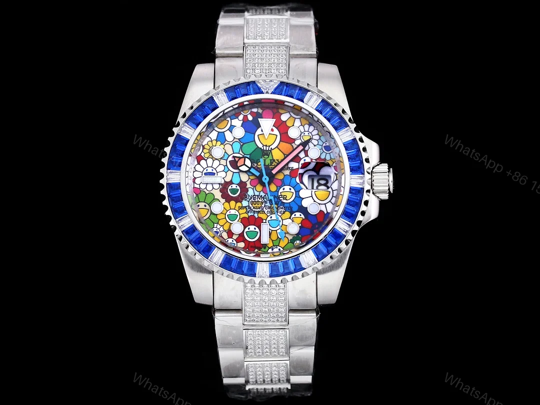 Rolex Submariner Colorful Blue Bezel Replica 42MM Premium Pavé Oyster Bracelet RG-ROLEX-SUB-COLORFUL-BLUE-42 — view 1