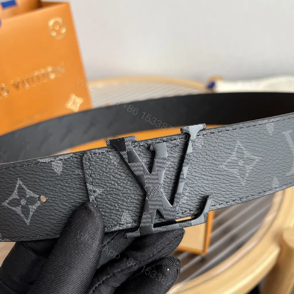 View 9 of Black Leather Belt Modern Slick LV Monogram Buckle Belt