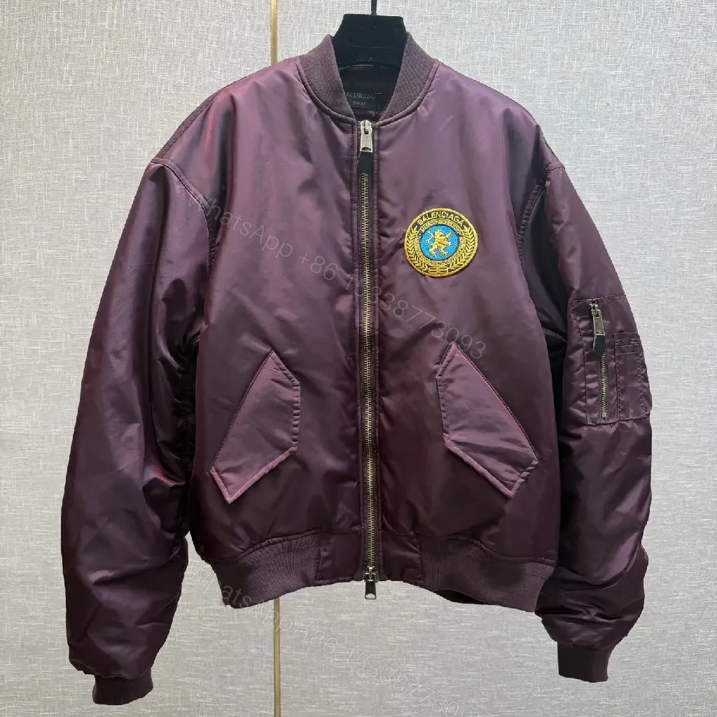 Burgundy Satin Bomber with Crest Patch — Luxe Everyday Outerwear — view 1