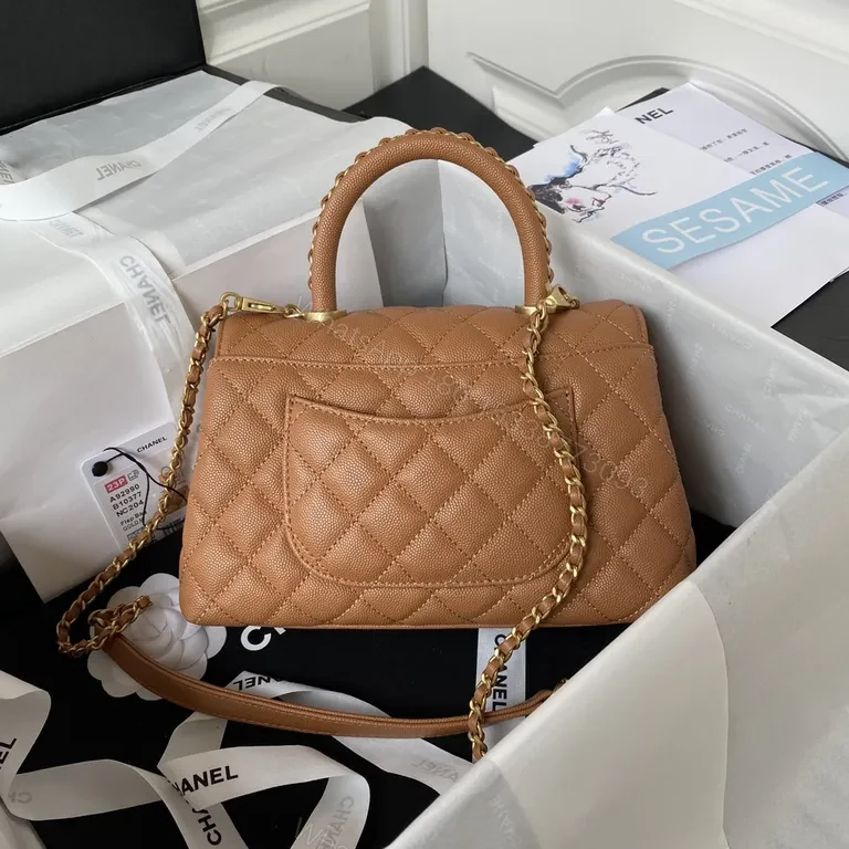View 6 of Chanel-Inspired Quilted Mini Bag, Caramel Leather, Gold Chain, Versatile Carry