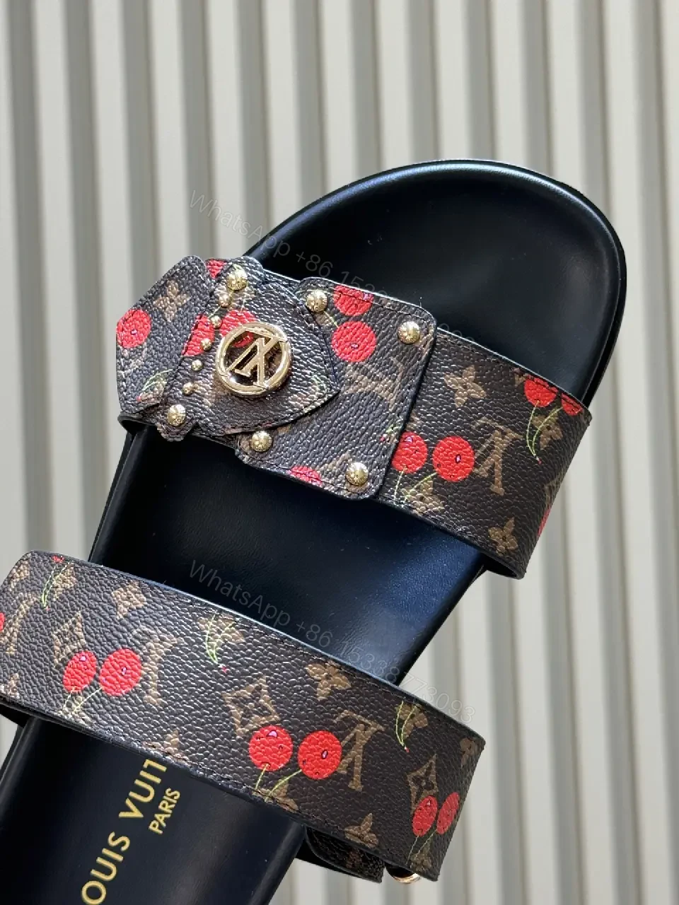 View 2 of Black Monogram Leather Sandals Signature Strap Louis Vuitton Slide Slides