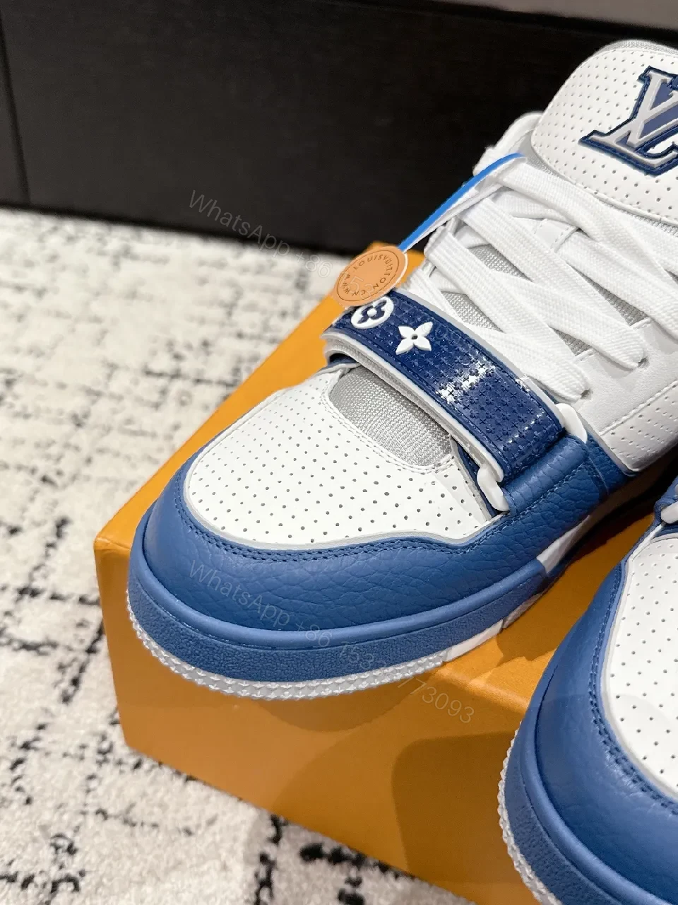 View 7 of Blue & White Luxe Leather High-Tops with LV Hints