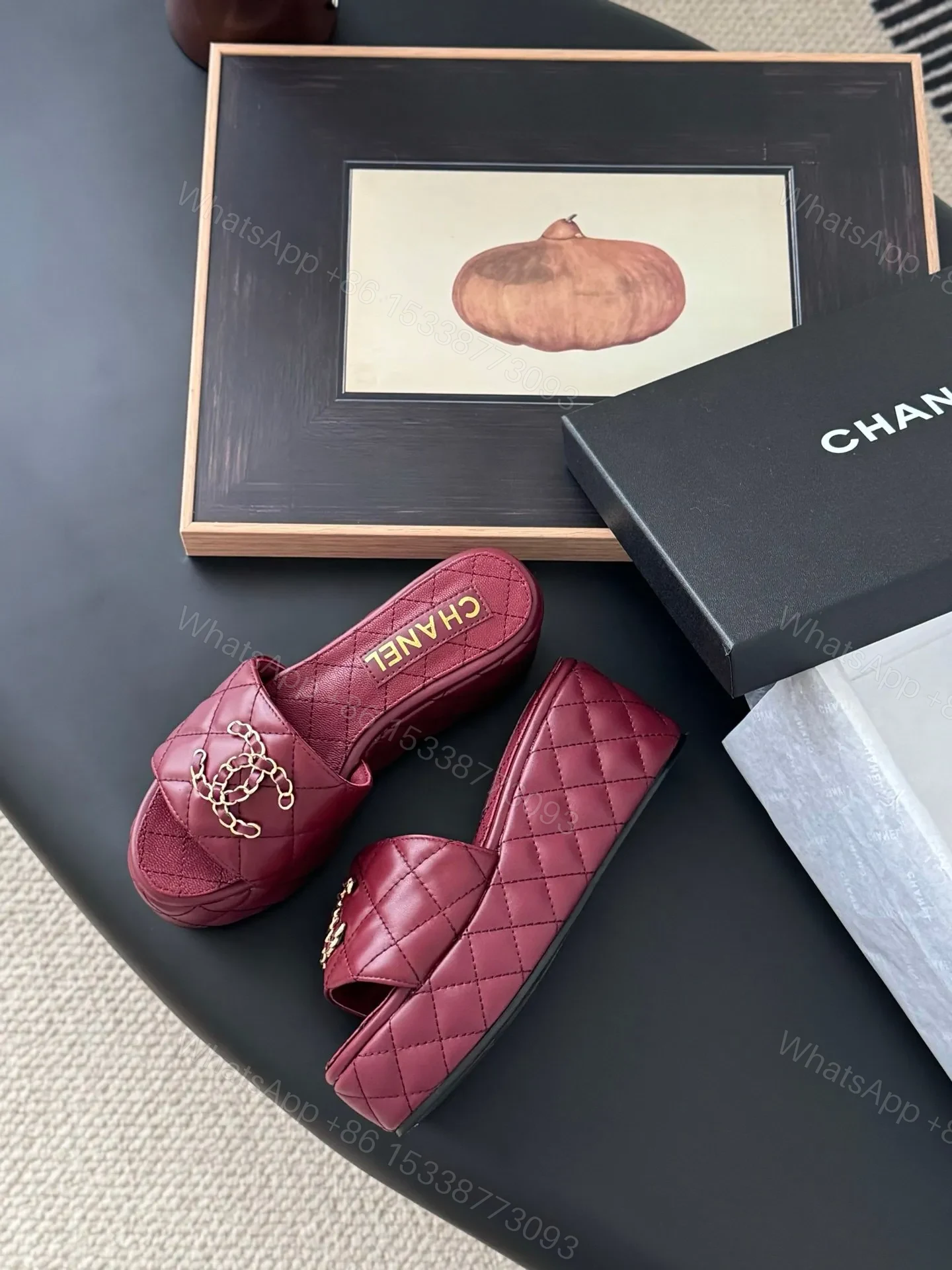 View 3 of Chanel Women Burgundy Quilted Leather Slides