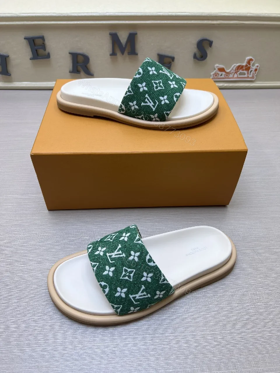 View 3 of Green Monogram Slip-On Sandal with Patterning