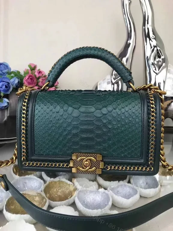 View 4 of Python Leather Chanel-Inspired Handbag: Rich Texture, Gold Clasp