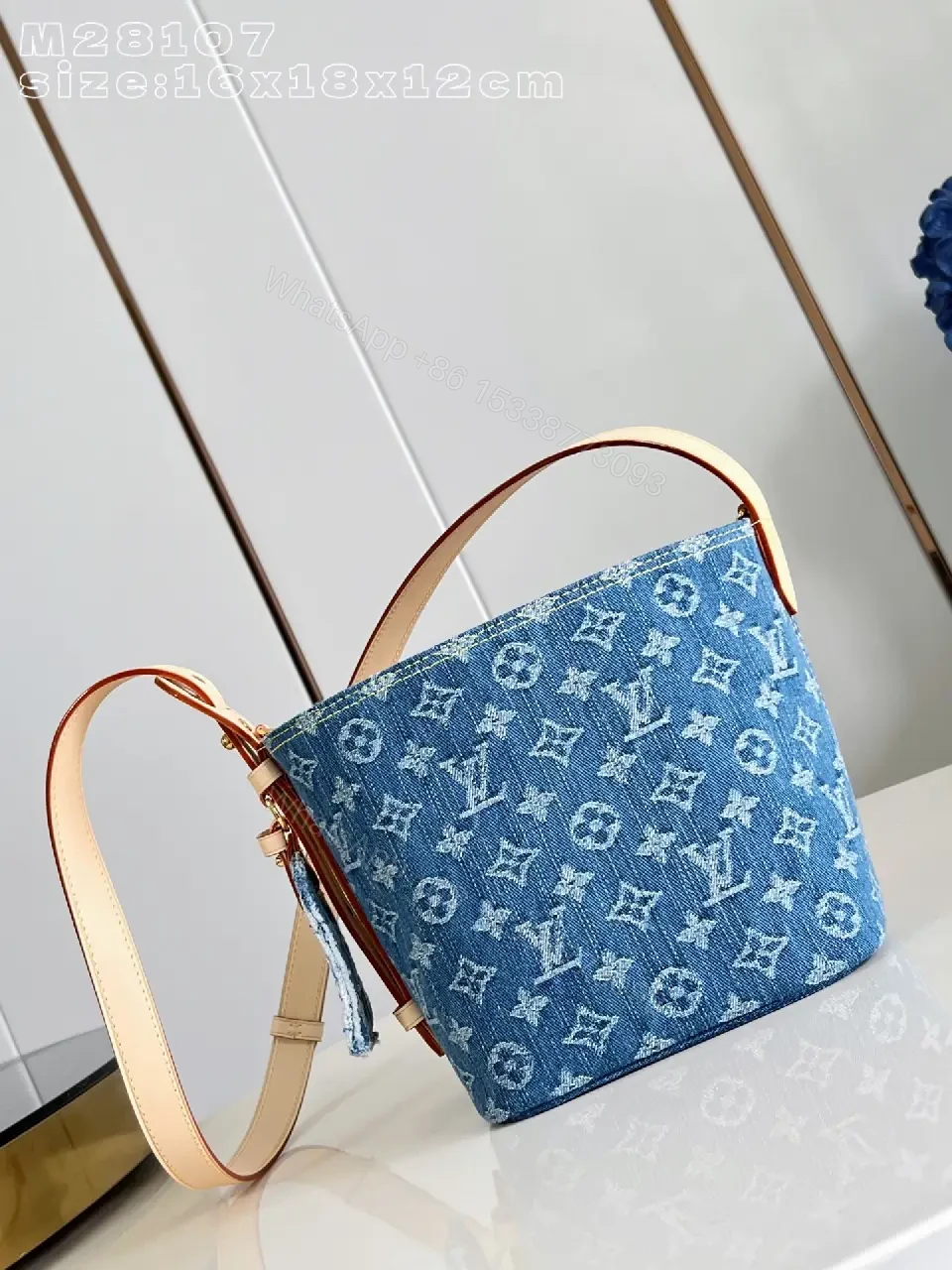 View 2 of Denim Monogram Satchel: Structured, Two-Tone Leather Trim Bag