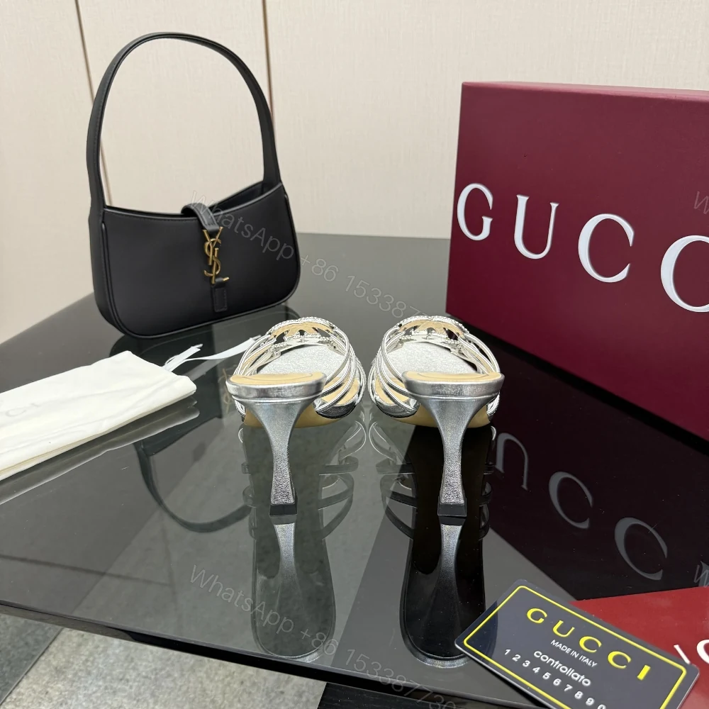 View 6 of Gucci Women Slide Sandal With Crystal Interlocking G Silver