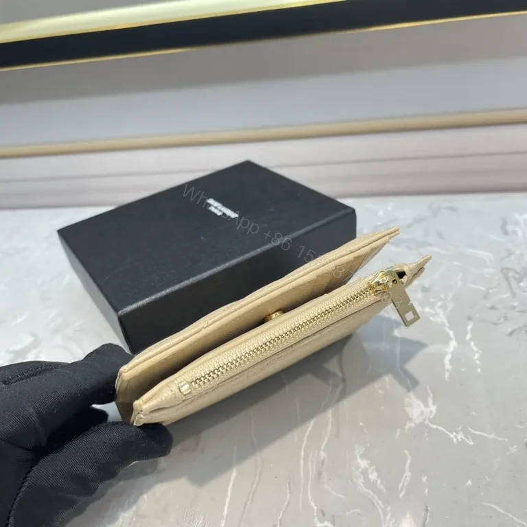 View 3 of Quilted Beige Wallet with Gold YSL Emblem - Luxury Compact Wallet
