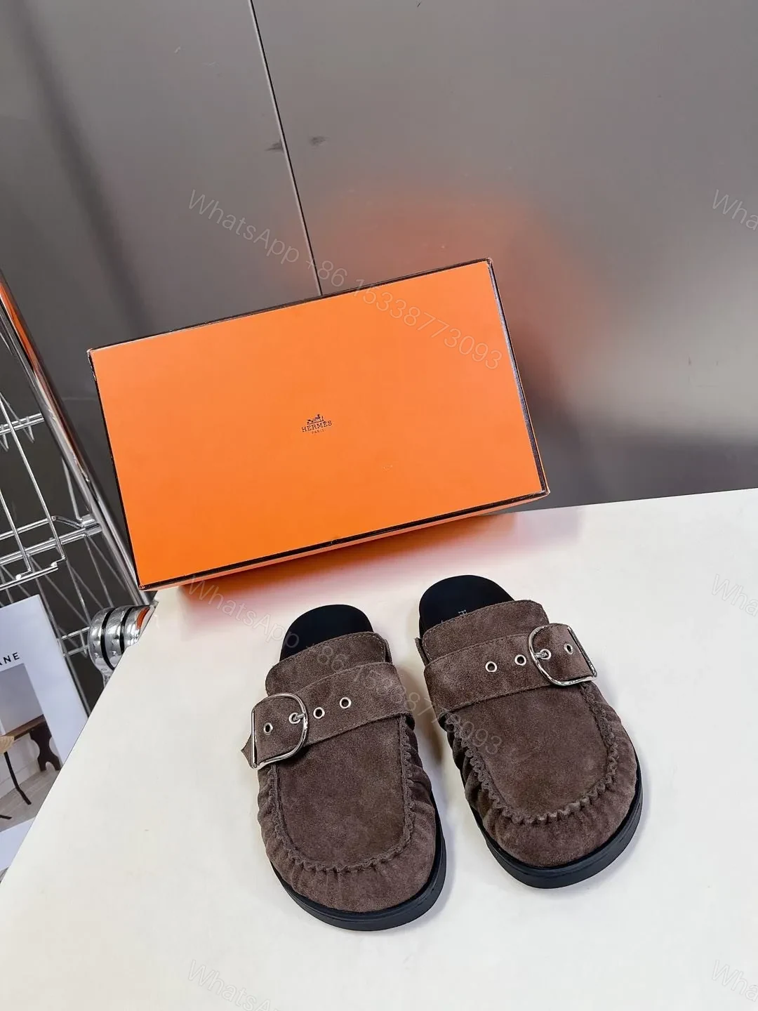 Hermes Women Brown Suede Buckle Mules — view 1