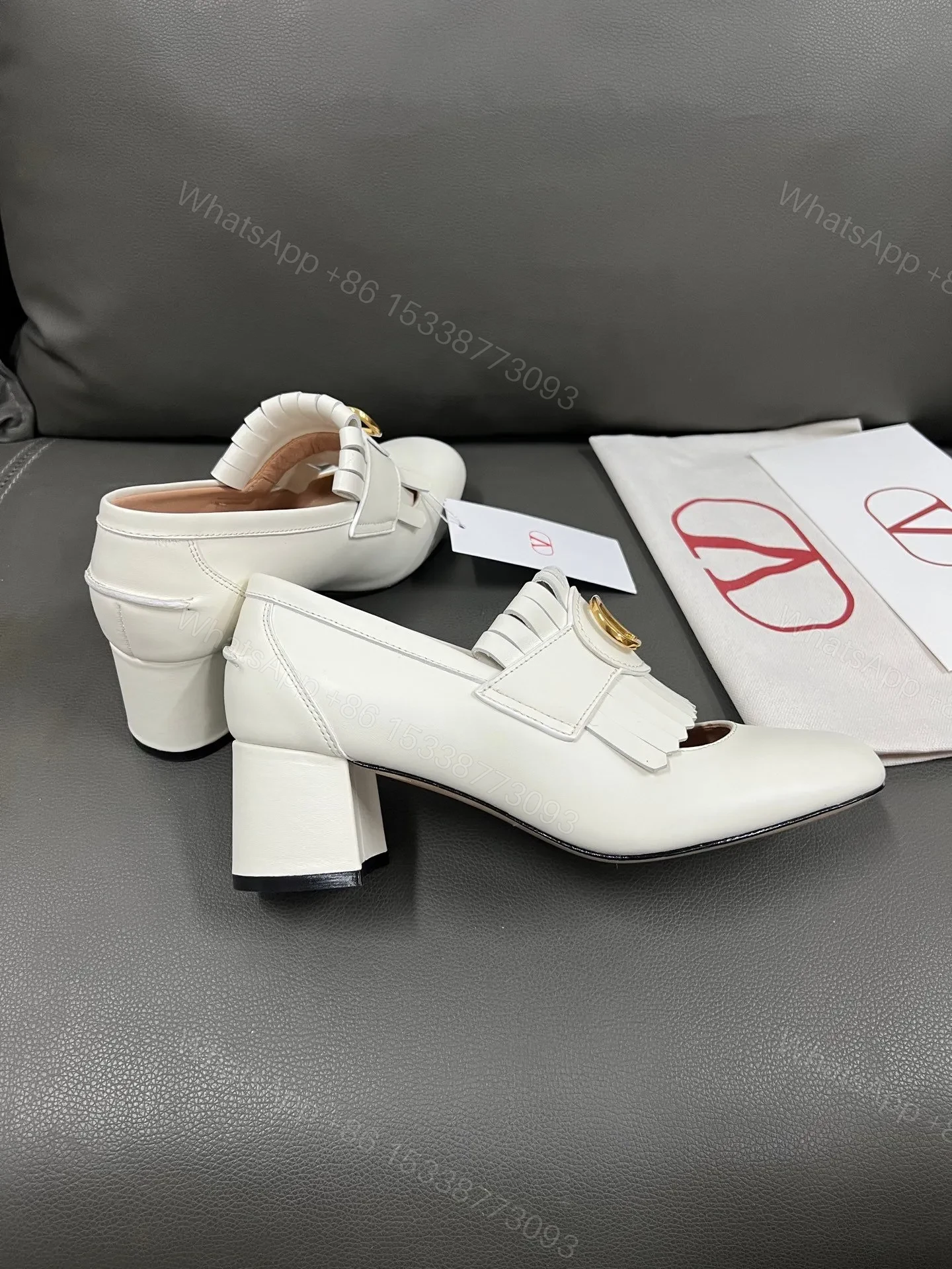 View 2 of Valentino Women White Leather Fringe Detail Pumps