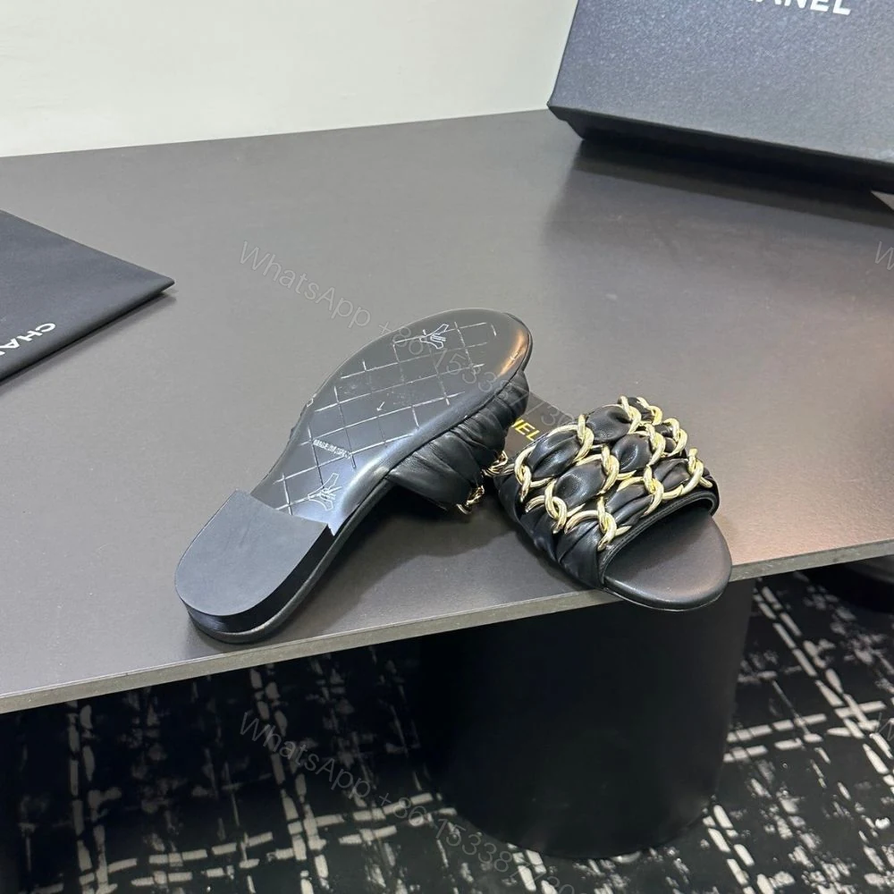 View 10 of Chanel Slide Sandals Gold Chain Black