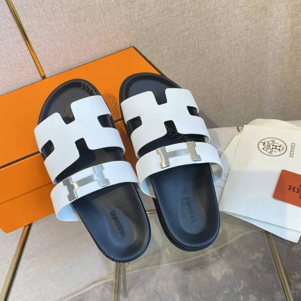 View 3 of Hermes Chypre Sandal H Logo Silver Hardware White