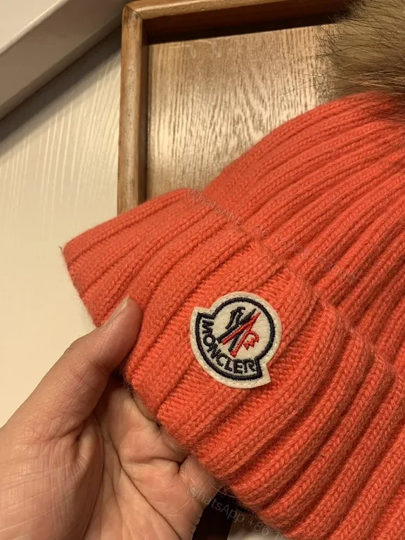 View 7 of Orange Knit Beanie with Fur Pom-Pom by Moncler - Luxe Wool Blend, Ribbed Style
