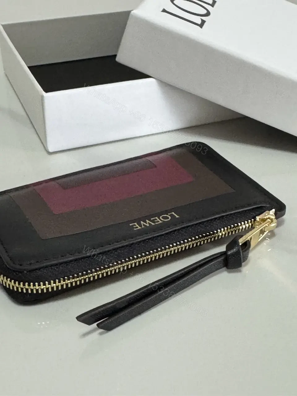 View 10 of Black Leather Color-Block Card Wallet with Gold Zipper and LOEWE Logo