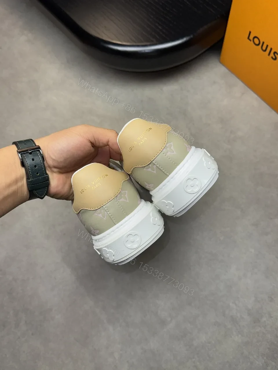 View 3 of Taupe Monogram-Accent Low-Top Sneakers with Subtle Shine