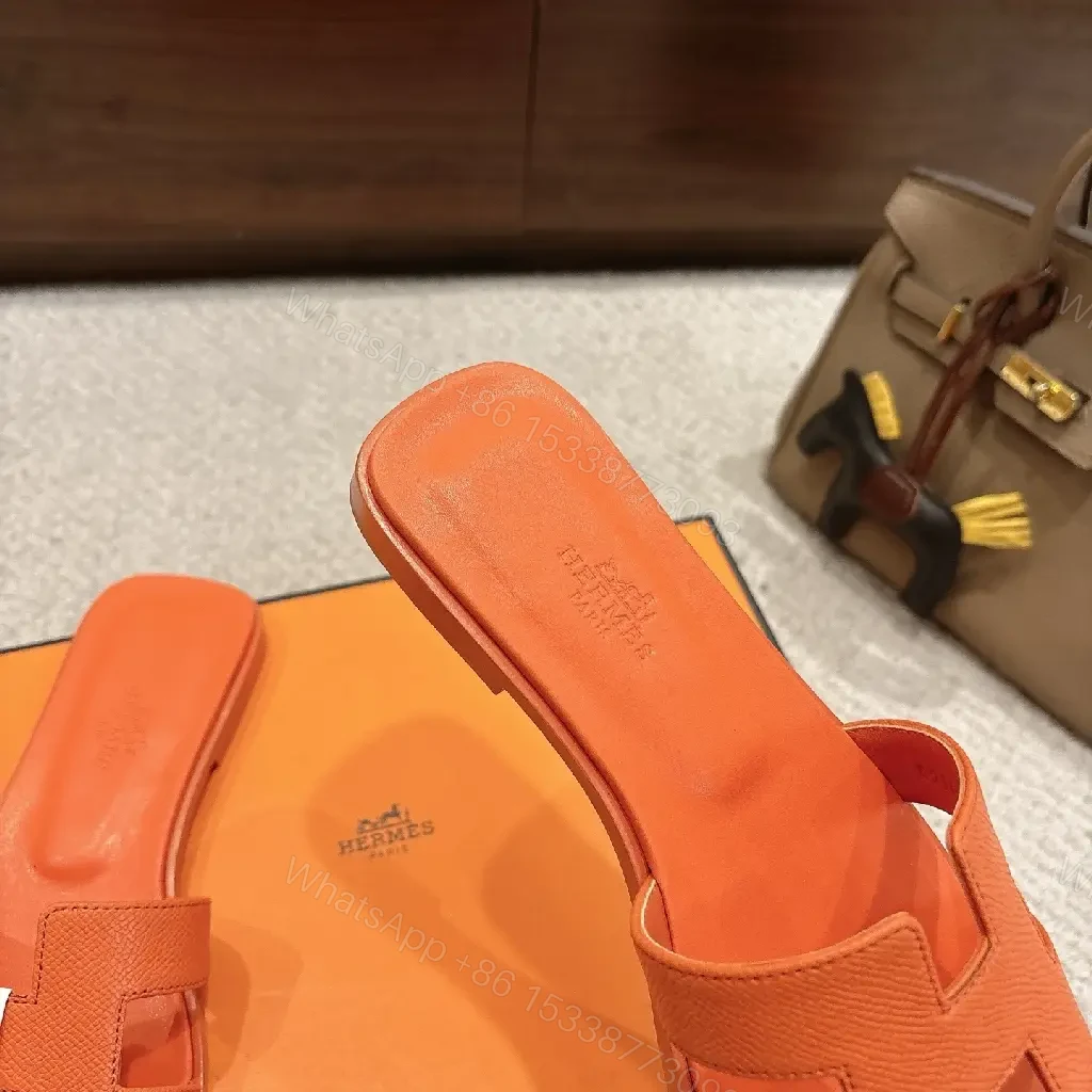 View 9 of Orange Leather Minimalist Slide Sandals - All-Day Comfort