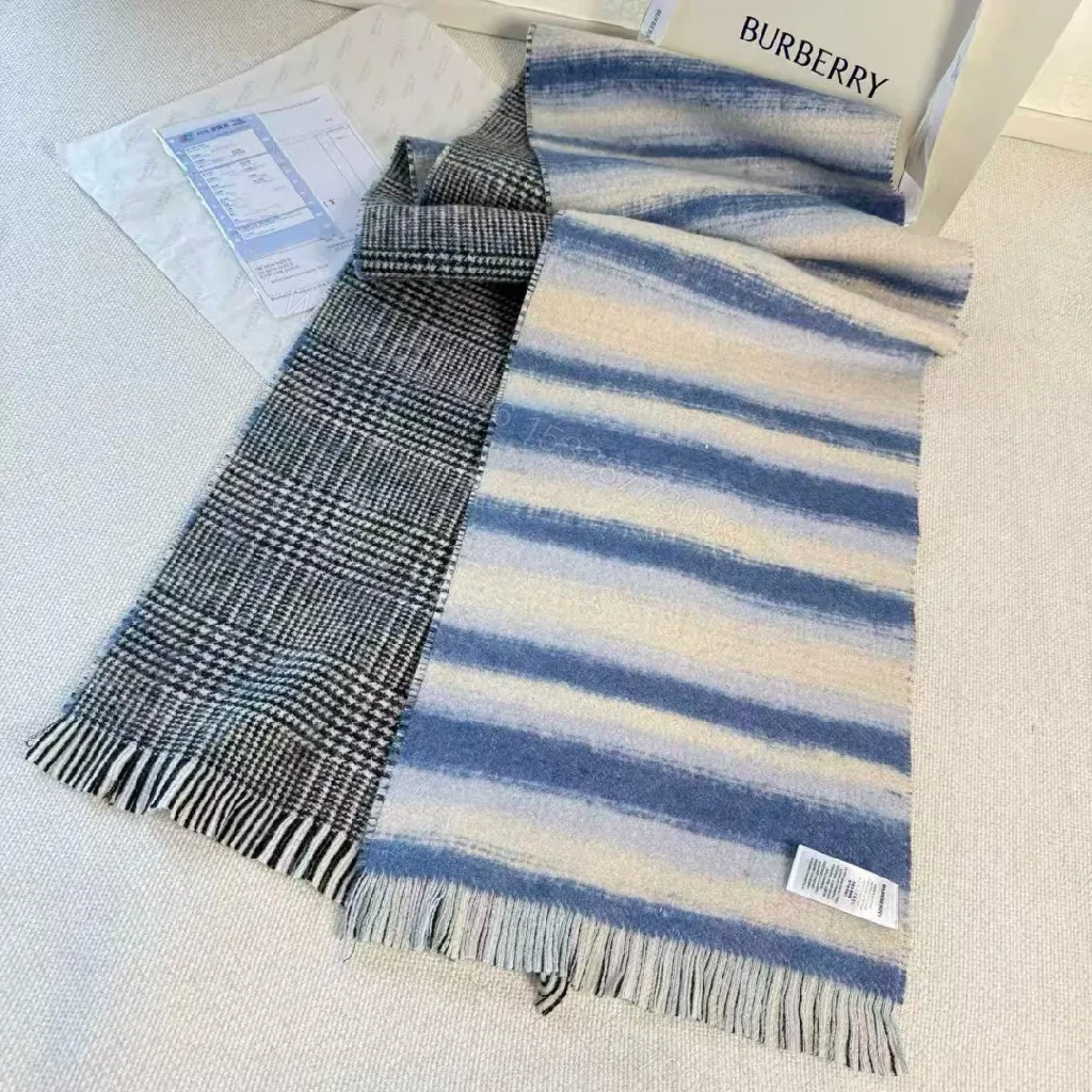 View 4 of Cozy Plaid Scarf – Soft Knit, Fringed Ends, Navy Embroidery