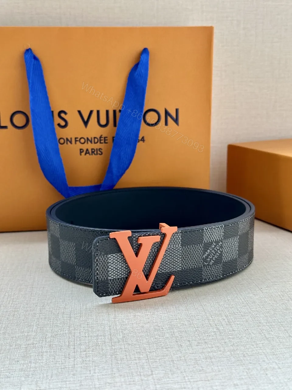 View 4 of Bold Monogram Belt: Coral Buckle, Damier Pattern Leather Belt