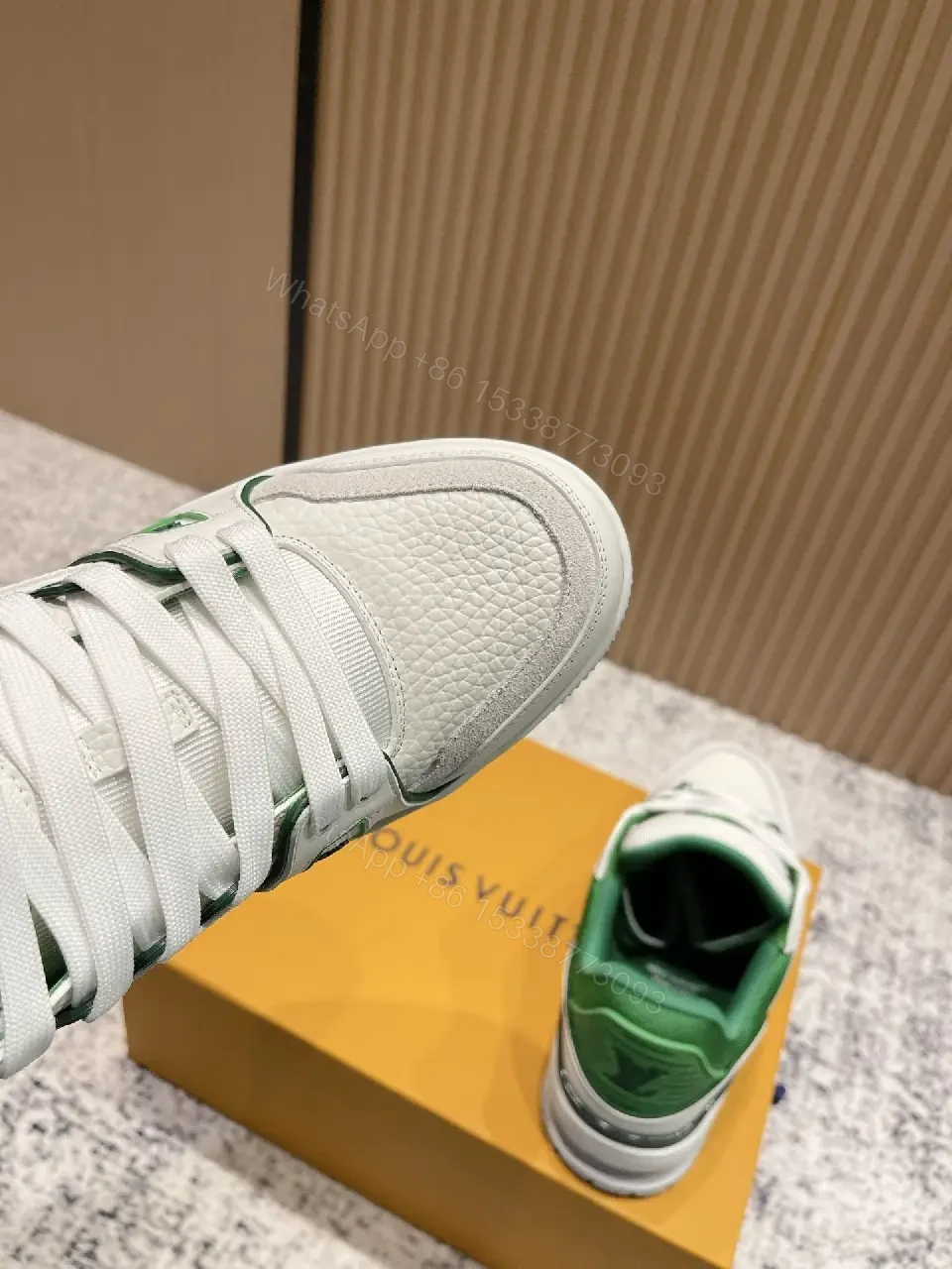 View 2 of White Leather Sneakers with Green Accents: Luxury Everyday Streetwear