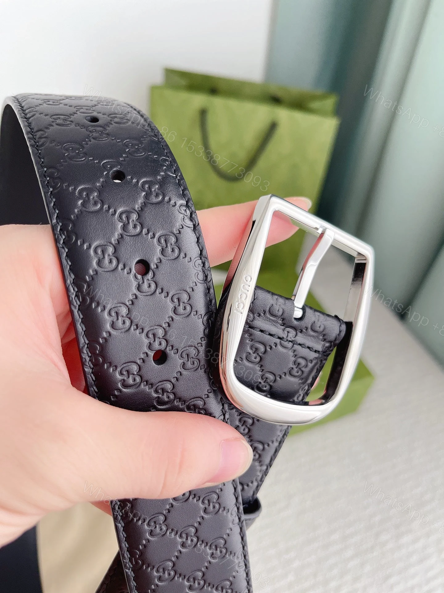 View 4 of GUCCI CALFSKIN MONOGRAM BLACK BELT SILVER METAL 4CM