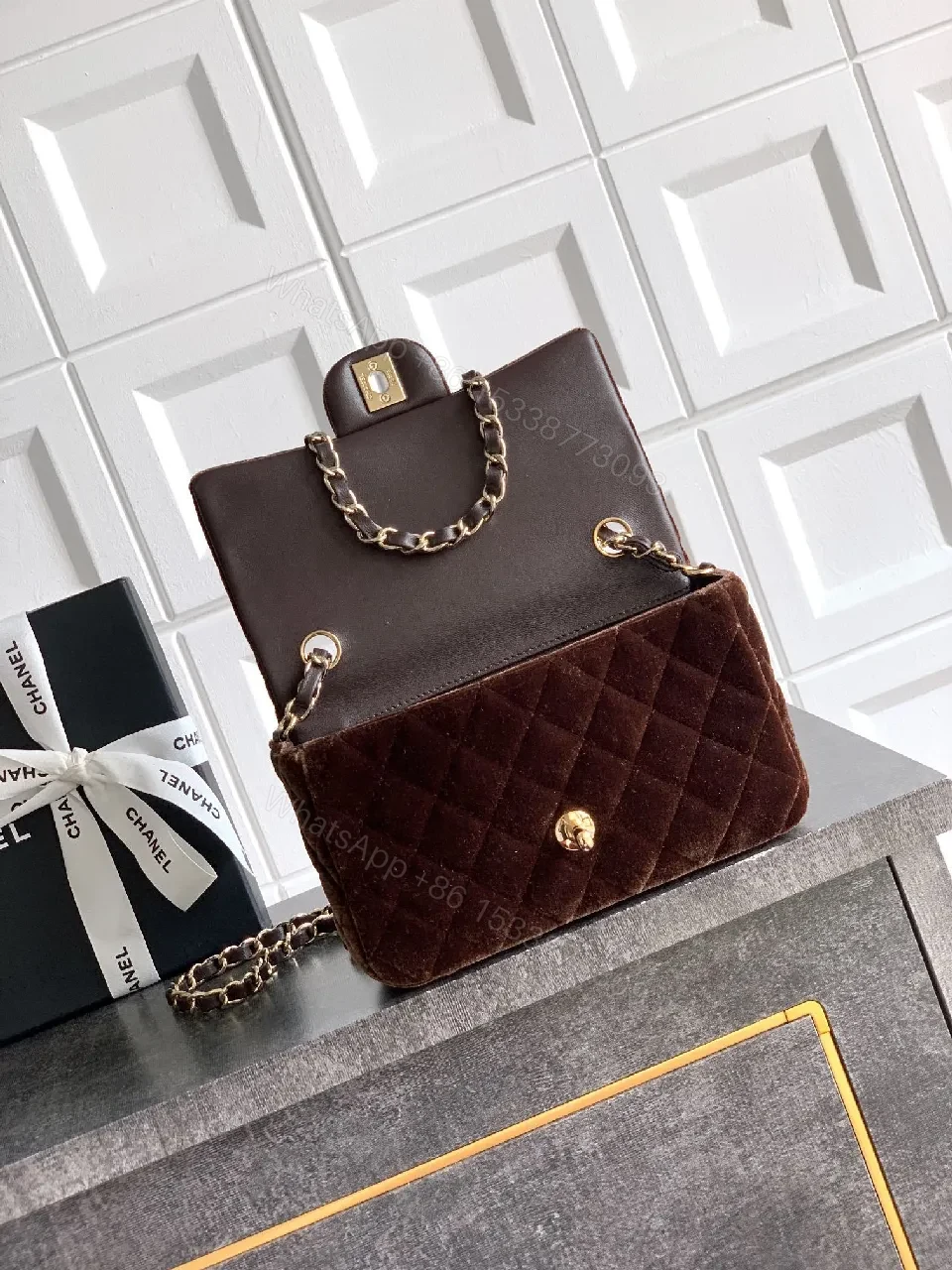 View 4 of Velvet Quilted Crossbody Bag: Gold Logo Flair