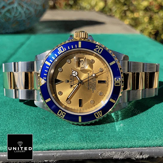 View 8 of Rolex Submariner Serti Two Tone Stainless Steel Gold Diamond 16613 Replica