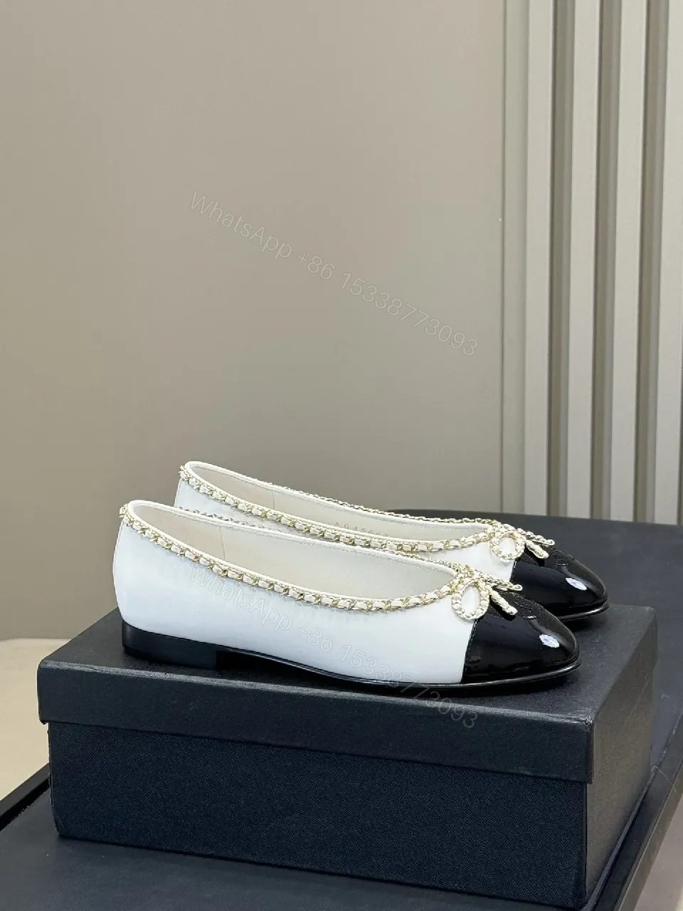 View 6 of Ivory & Black Two-Tone Ballet Flats with Gold Chain Accent