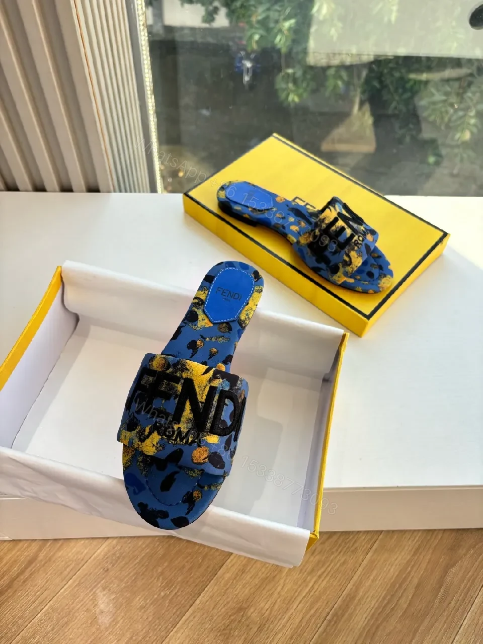 View 3 of Blue Camouflage Slides with Logo Strap – All-Day Comfort, Designer Style