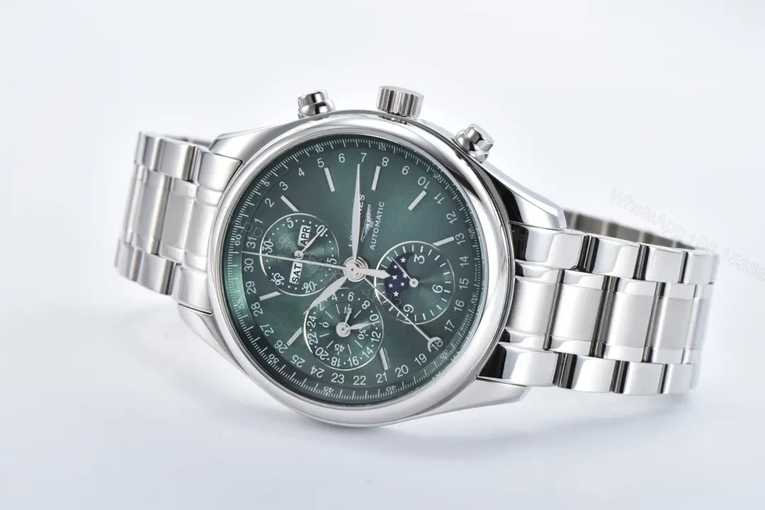 View 5 of Longines Master Collection Moon Phase Chronograph Watch Silver Stainless Steel with Green Dial 42mm