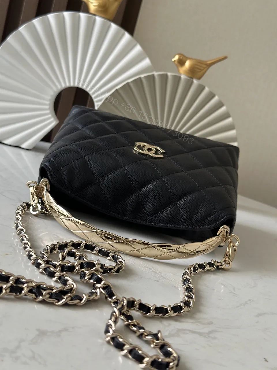 View 5 of Quilted Black Leather Bag with Gold Chain