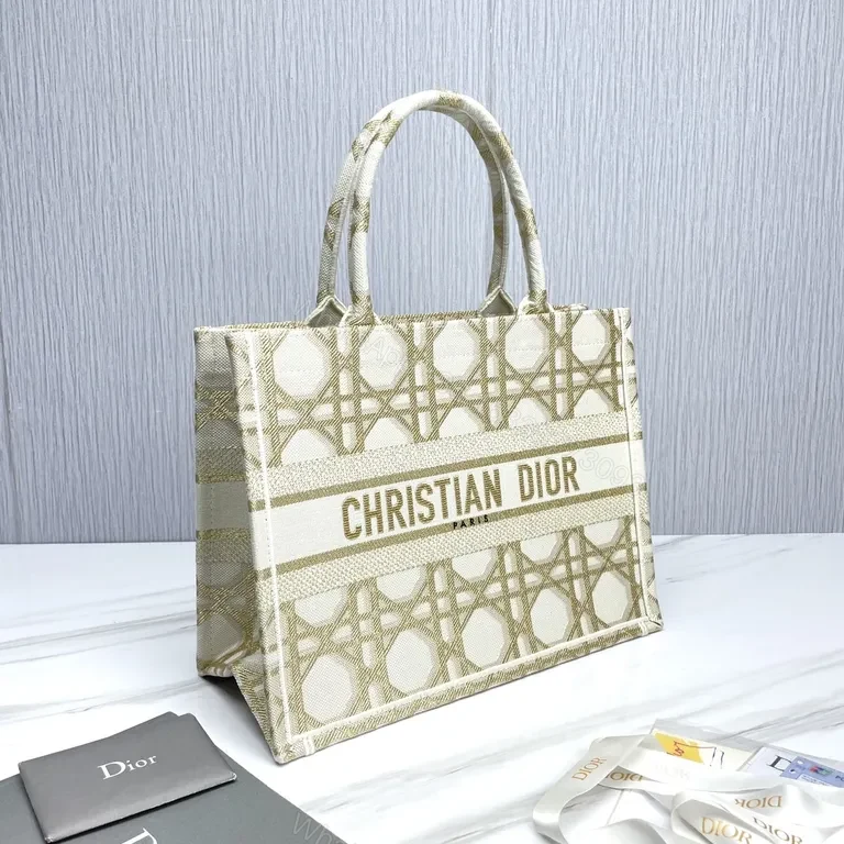 View 8 of Beige Structured Tote: Dior-Patterned Carryall with Signature Handles
