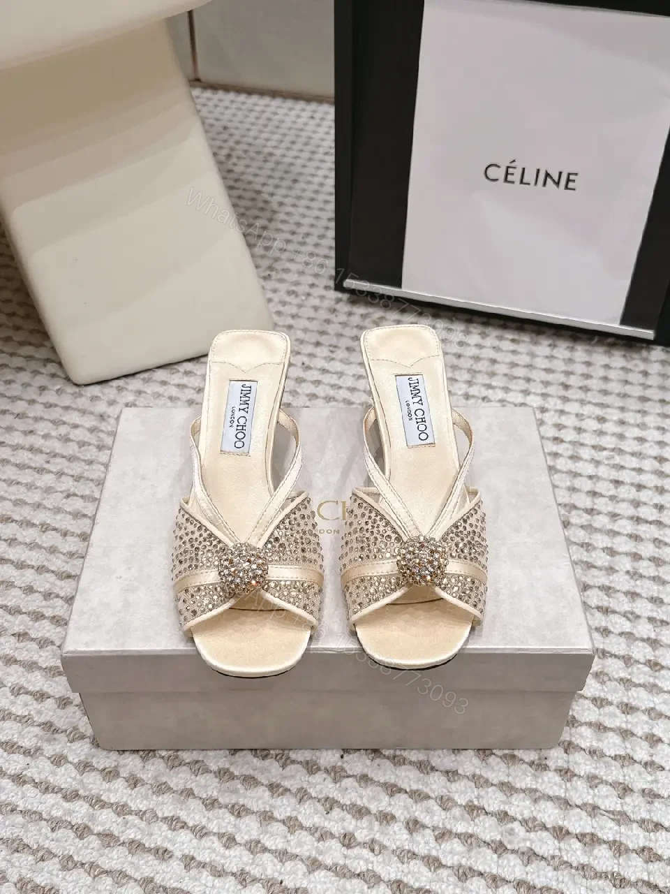 View 9 of Cream satin crystal-embellished kitten-heel sandals for luxury occasions