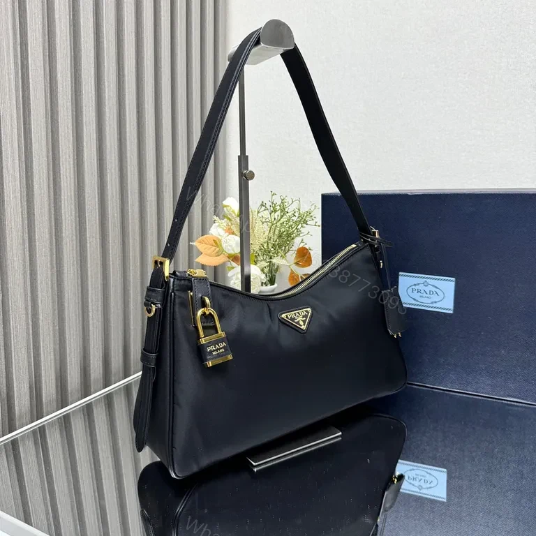 View 7 of Chic Black Nylon Prada-Influenced Shoulder Bag with Gold Hardware