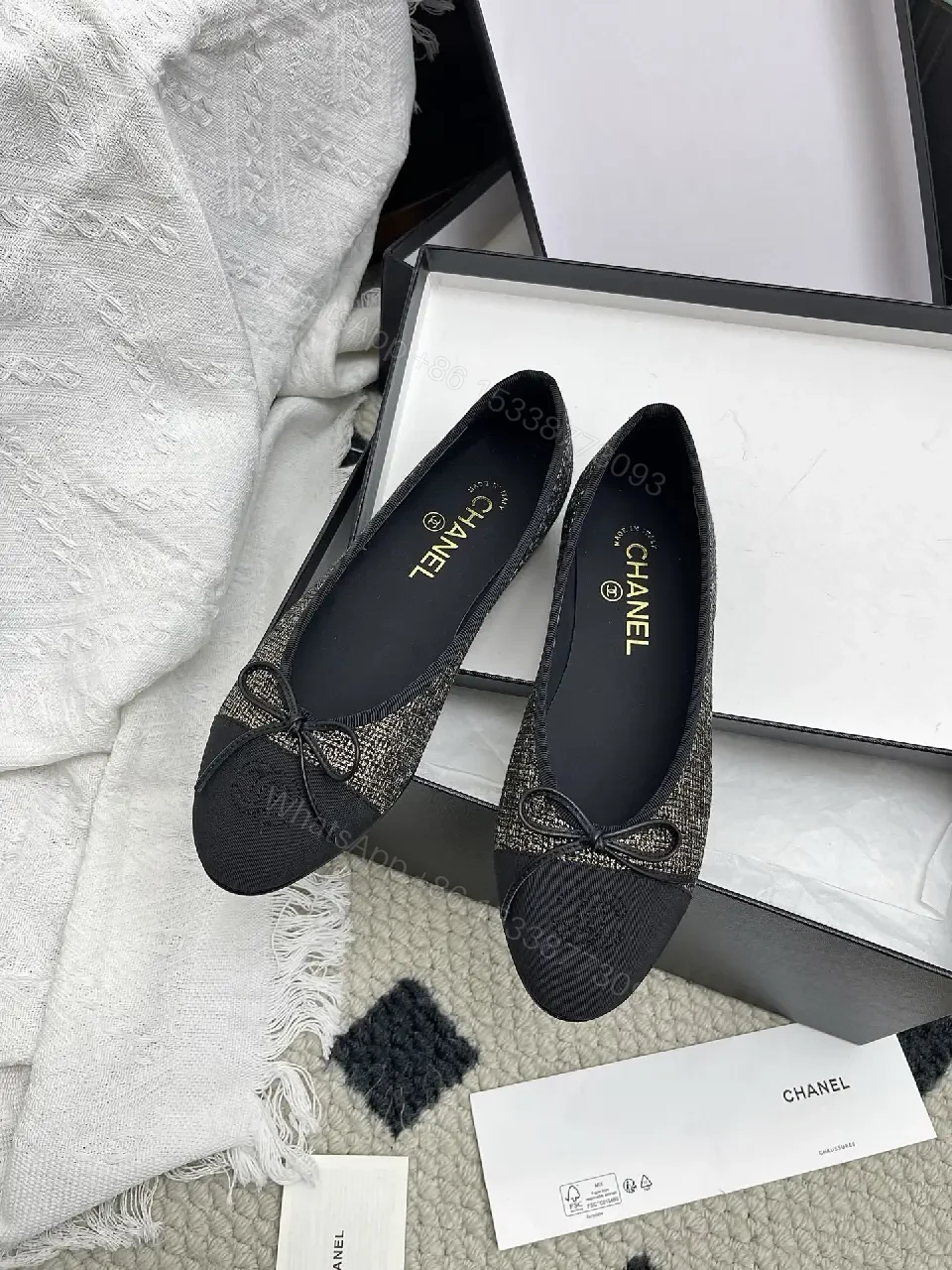 View 5 of Tweed-Textured Flats with Black Cap Toe - Ballet Style, Bowed Details