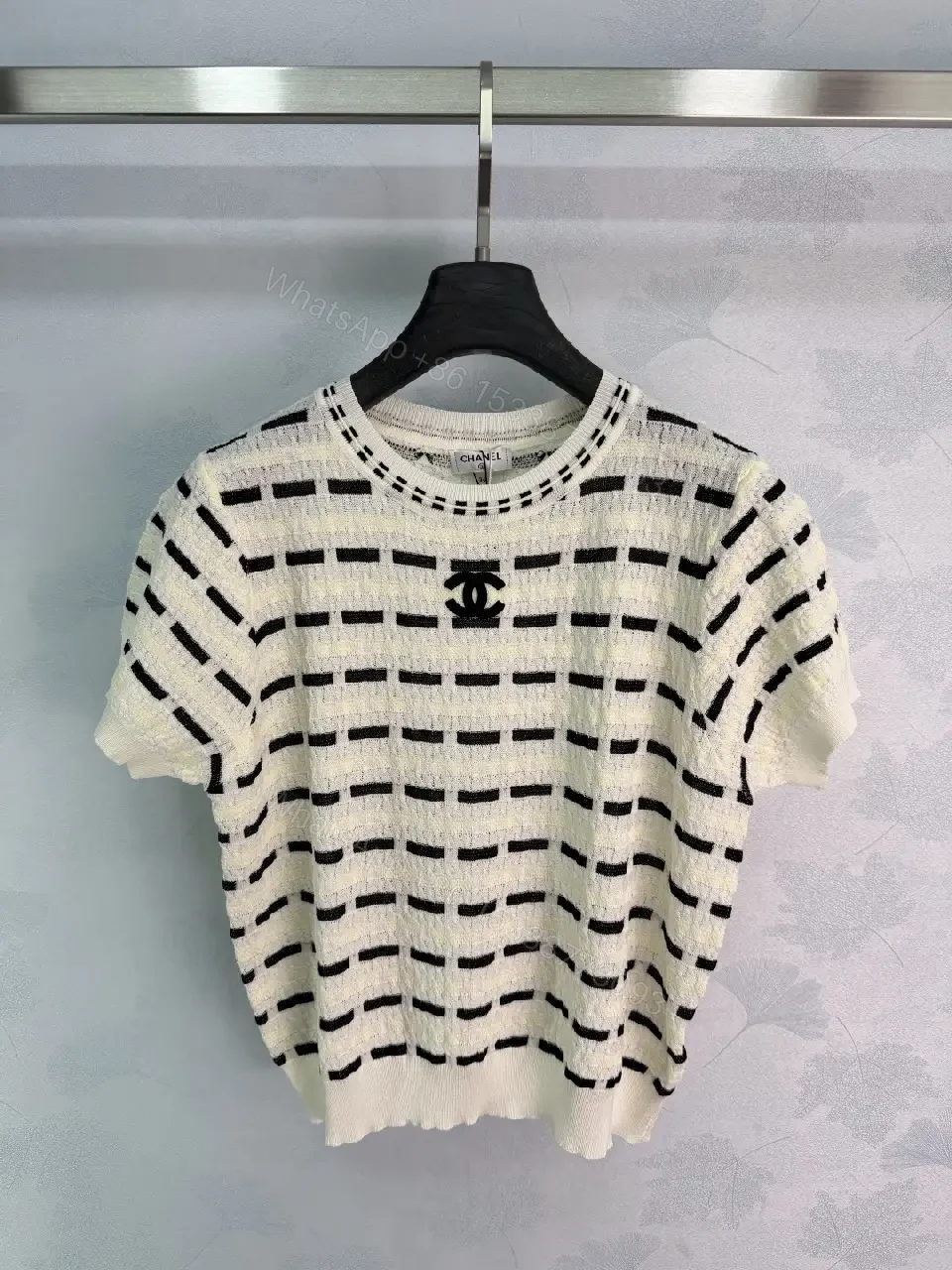 View 7 of White Knit Top Textured Striped Chanel Logo Short Sleeve Top