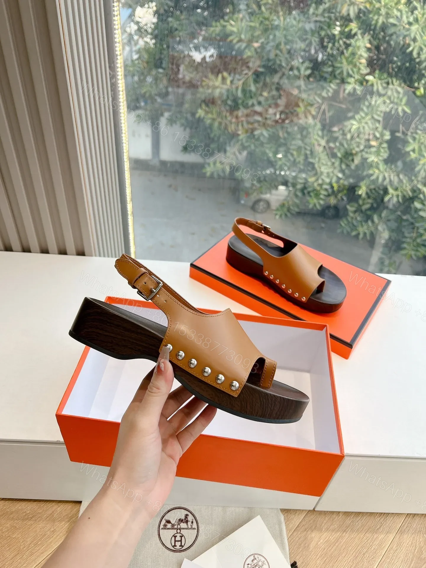 View 4 of Hermes Women Brown Leather Slingback Sandals