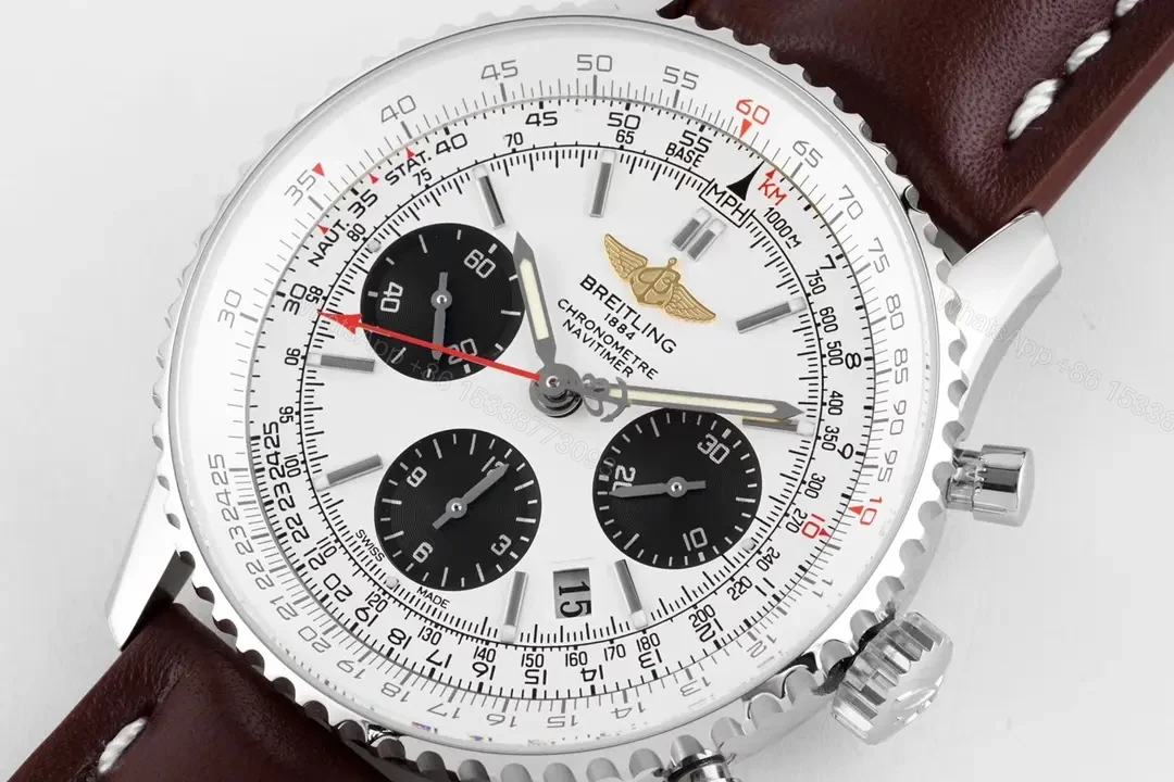 View 3 of V7 Factory Breitling Navitimer B01 Chronograph Panda Dial Watch – Stainless Steel Case, Brown Leather Strap, 43mm